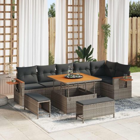 Salon de jardin 9 pièces en polyrotin gris, canapé modulable avec table - PANGIVO (1/5)