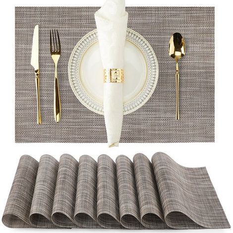 Set di 8 tovagliette intrecciate, lavabili (30 x 45 cm), termoisolanti e antiscivolo, per cucina o tavolo da pranzo, mix oro e marrone caffè. (1/5)