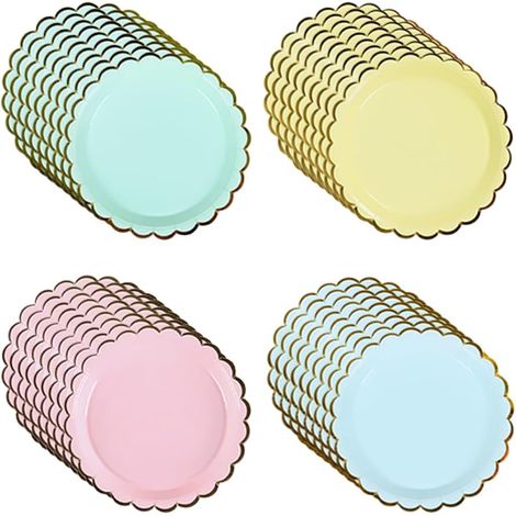 Lot de 24 assiettes en carton festonnées pastel de 17,8 cm - Bords dorés - Assiettes de mariage rondes colorées - Assiettes décoratives pour pique-nique, fête d'anniversaire, fête prénatale (1/3)