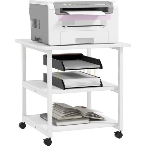 Support imprimante en acier à trois étages avec roulettes, couleur blanche. Robuste et maniable, idéal pour ranger votre matériel de bureau (1/5)