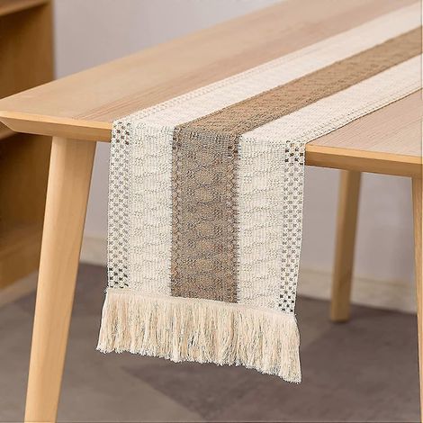 Chemin de table en macramé, chemin de table de 180 cm en coton et lin naturels, pompon en dentelle au crochet bohème (1/5)