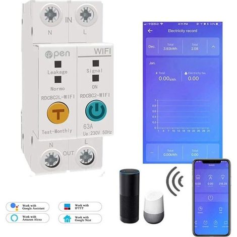 Compteur Énergie WiFi 2P 63A Rail DIN Intelligent Mesure Consommation kWh Interrupteur Disjoncteur (1/5)