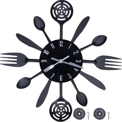 Horloge murale de cuisine noire, design moderne de couverts (cuillère et fourchette), décoration intérieure amovible (1/5)