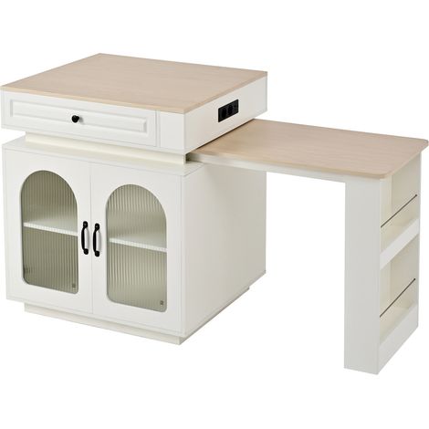 CHICFURN Îlot de cuisine extensible avec LED, prises USB/Type-C, rangements intégrés, portes en verre strié, meuble polyvalent pour salle à manger et bureau, blanc (1/5)