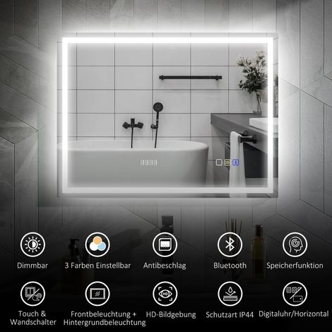 Miroir mural LED salle de bain 80x60 cm, Bluetooth musique, mémoire, horloge, 3 modes lumière, anti-buée, tactile, argenté (1/5)