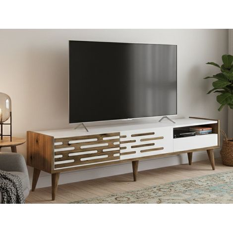 Dmora - Mobile porta TV Alnilam, Credenza da soggiorno, Armadio basso per TV, Base parete attrezzata, 180x45h35 cm, Bianco e Noce, con imballo rinforzato, con imballo rinforzato (1/5)