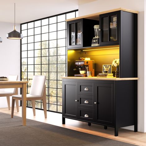 MODFU – Buffet haut 120x40x179 cm MDF et métal – LED USB, 4 portes, 3 tiroirs et niche ouverte – Passe-câbles, anti-basculement et charge 60 kg – Cuisine ou salon – Noir (1/5)