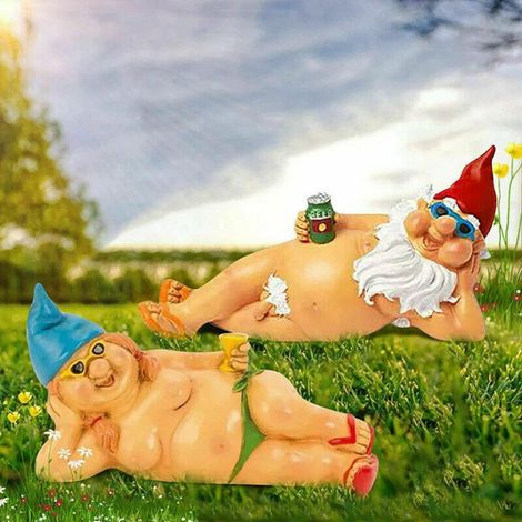 2PCS Statue de nain de jardin, nain troll nu regardant par-dessus son épaule, ornement de pelouse, décoration intérieure et extérieure, hauteur : 13 cm (homme/femme)