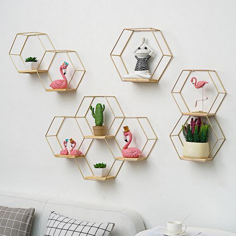 Etagere Murale Hexagonale - Fer et Bois - Pour Chambre Salon Cuisine Bureau - 3 Tailles Disponibles S M L (1/5)