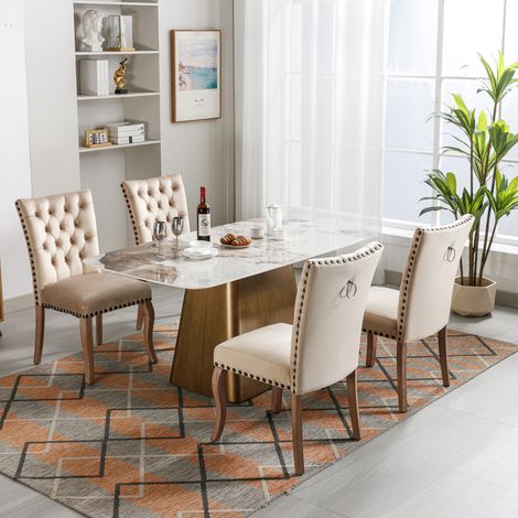 Lot de 4 Chaises de Salle à Manger en Velours Camel Clair, Anneau Décoratif, Pieds Bois Massif (1/5)