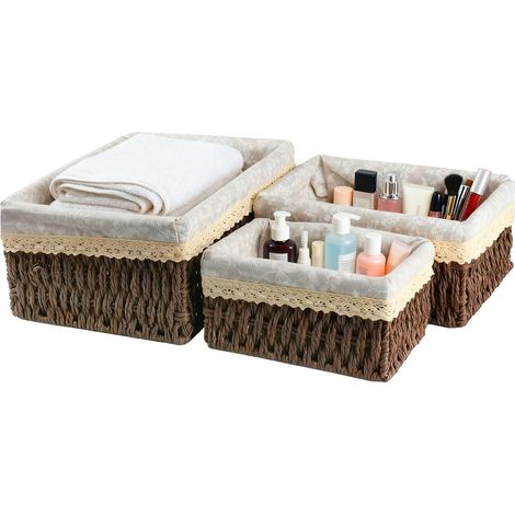 3er-Set Aufbewahrungskörbe – Geflochtenes Rattan – Recyclingpapier – Stapelbar – Wohnzimmer, Schlafzimmer, Badezimmer – Braun (1/5)