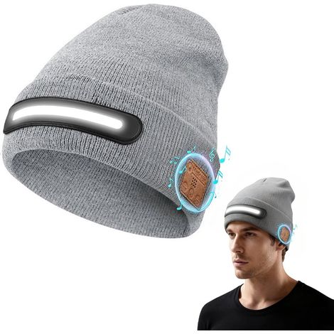 Bonnet avec écouteurs Bluetooth sans fil - Bonnet Bluetooth avec éclairage LED - Bonnet d'hiver pour l'extérieur - Rechargeable par USB - Peut servir de lampe frontale pour la course - Un cadeau idéal (1/5)