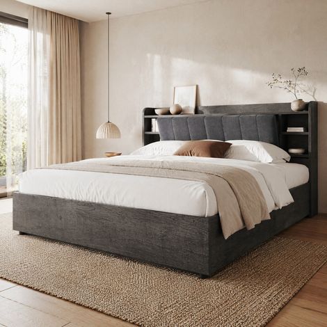 Cama con canapé 180 x 200 cm, somier hidráulico, cabecero con almacenaje, USB/USB-C, gris, MDF (1/5)