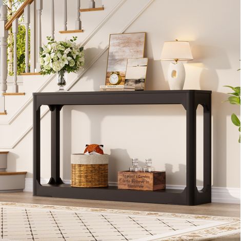 Mesa consola 140 cm negra con estantes abiertos, ahorra espacio para salón y recibidor, estructura de MDF (1/5)