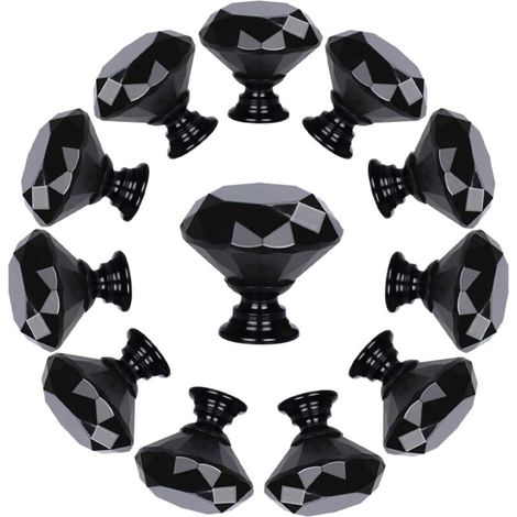 BEBUSINGOTO Lot de 10 boutons de tiroir en verre cristal en forme de diamant (30 mm, tout noir) Boutons d'armoire Poignées de tirage (1/5)