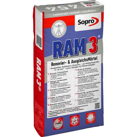 Enduit et ragréage sol, mur, plafond 3 à 60 mm - Intérieur et Extérieur - Sopro RAM 3 - 25 kg