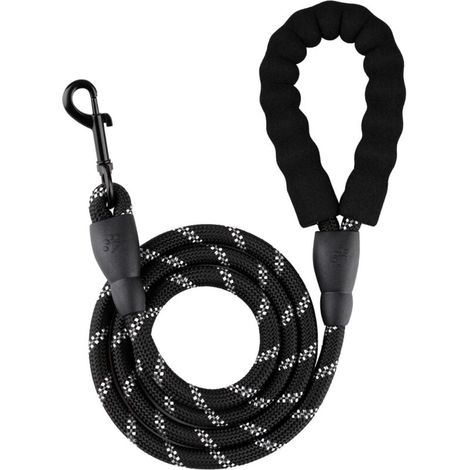 Laisse pour chien en corde noire de 1,5 m de long x 1,0 cm d'épaisseur, 1 pièce avec poignée rembourrée, adaptée à la promenade du chien en extérieur (1/4)