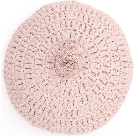 Coussin Rond au Crochet Lenka avec Pompon Style Bohème Vintage pour Lit et Canapé Rose Nude - PANGIVO (1/5)
