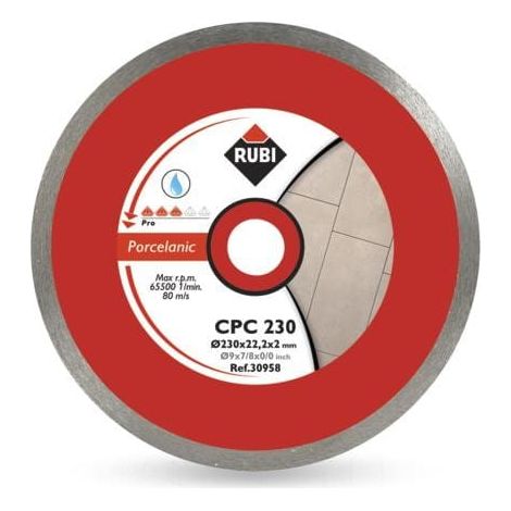 RUBI  Disco Diamante Corte Continuo CPC PRO  Corte Fino de Gres Porcelánico con Espesor Inferior a 20 mm  Especial para Corte a Inglete Diámetro Externo: 200 mm  CPC-200 PRO