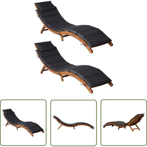 The Living Store Sonnenliegen mit Auflagen 2 Stk. Dunkelgrau Massivholz Akazie - Holz Liege - Gartenmöbel - Lounge Sessel - Sonnenschirm - Garten Deko (1/5)