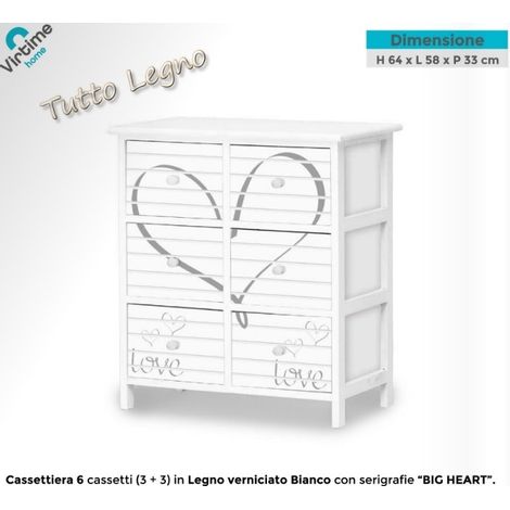 Cassettiera Mobile in Legno con 3 + 3 Cassetti Bianco Big Heart 58 x 33 x 64 cm (1/2)