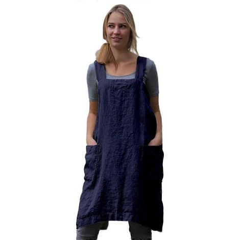 Tablier-salopette croisé pour femme avec grandes poches, idéal pour la cuisine et les cafés. (1/3)