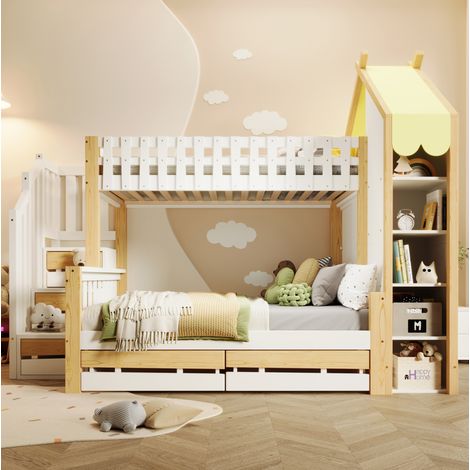 Cama litera 90x200+140x200 cm de pino blanco y natural, con escalera de almacenaje, 2 cajones y techo tipo casa (1/5)