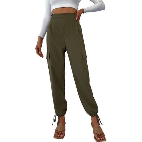 Pantalon Cargo Femme - Taille Haute - Coupe Slim - Poches Fonctionnelles - Ouverture Cheville avec Cordon - Vert Olive - Taille XL (1/5)