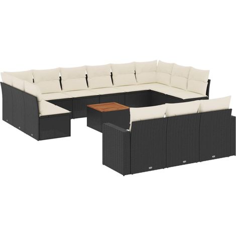 Salon de jardin avec coussins 14 pcs noir résine tressée (1/5)