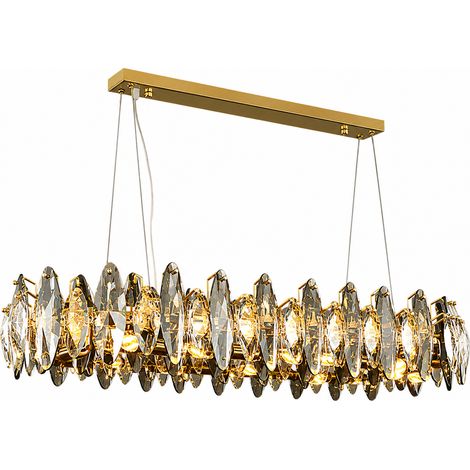 Lustre Linéaire en Cristal 100 cm, Suspension Dorée Style Plumes et Feuilles de Cristal, Luminaire de Luxe à Hauteur Réglable, Métal & Cristal, 10 Douilles E14 pour Salle à Manger, Îlot de Cuisine, Sa