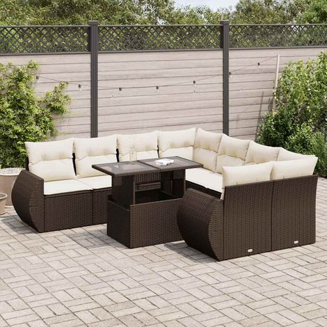 Ensemble de Salon de Jardin 9 Places en Résine Tressée Marron avec Coussins, Tables à Plateau Réglable, Fonction Rangement, Housse Lavable (1/5)