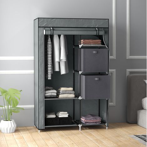 Textilschrank 102x42,5x162,5 cm Dunkelgrau, Stahlrahmen, 1 Kleiderstange, 6 Einlegeböden, Bezug Mit Reißverschluss (1/5)
