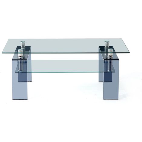 Table basse de salon double plateau en verre trempé transparent et gris 100 x 55 x 45 cm (1/5)