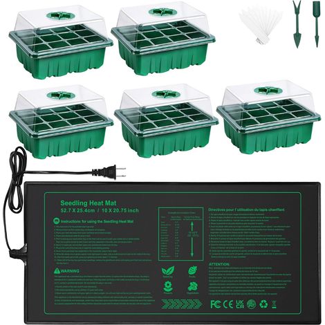 Station de Germination 5 pièces avec Tapis Chauffant et couvercles – 60 cellules, Mini-Serre chauffée pour semis – Kit de Germination avec Tapis Chauffant