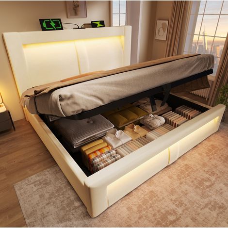 Cama con espacio de almacenamiento tapizada en terciopelo beige 160x200 cm, LED, USB y Type-C, somier de láminas incluido (1/5)