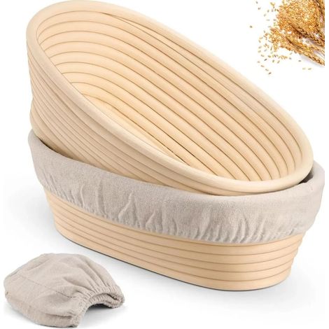 2 pièces panier de fermentation ovale, paniers de fermentation 25 cm, ensemble de paniers de fermentation en osier naturel, corbeille à pain comprenant 2 toiles de lin, panier de fermentation Banneton