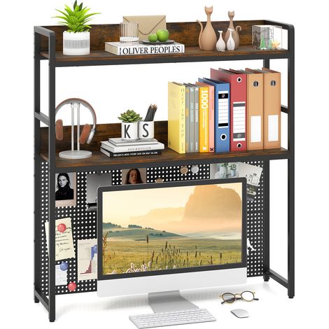 COSTWAY Desktop Bookshelf Multipurpose 2-Tier Desk Hutch-Brown (1/5)