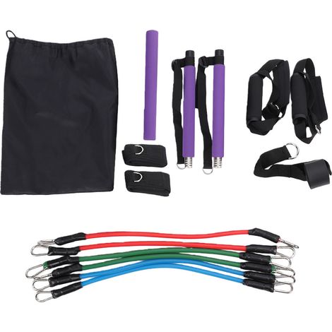 Kit Pilates Barre Acier Inoxydable 3 Sections - 6 Bandes Latex 20/30/40lbs, Poignées 2-en-1 Rembourrées, Ancre Porte, Sangles Chevilles - Pour Fitness, Pilates, Étirements Maison Salle - TPE - Violet (1/5)