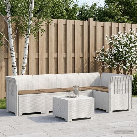 Canapé de Jardin Modulaire 5 Places en PP Aspect Rotin Blanc avec Coussins Taupe - PANGIVO (1/5)