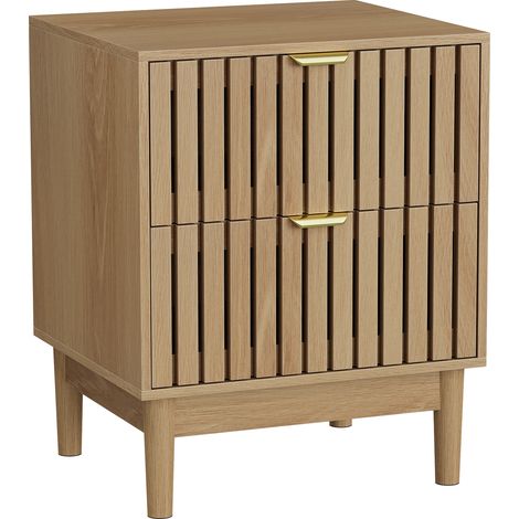 CAIziTable de chevet moderne couleur chêne, design à lattes en bois avec deux tiroirs, adaptée à la chambre, au couloir, au salon et à la chambre d’enfant, table de chevet de chambre, 45 x 39 x 56,5 c (1/5)