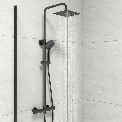 Biubuibath Mixer Shower Square Exposed Matte Black Thermostatic Twin Head Set (1/5)