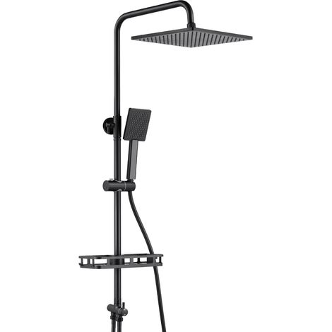 Columna ducha acero inoxidable,juego ducha pared de altura regulable con repisa,kit ducha sin grifo,con cabezal ducha cuadrado de 25,5 cm,negro (1/5)