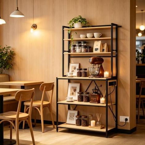 Coin café, Étagère de cuisine avec prises électriques, Meuble de cuisine, Mini-poste de travail de cuisine, Étagère de présentation
