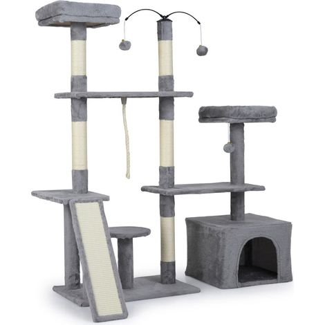 Arbre à chat 136 x 70 x 121 cm avec 2 perchoirs rembourrés et poteaux à griffer scandinave en peluche gris clair