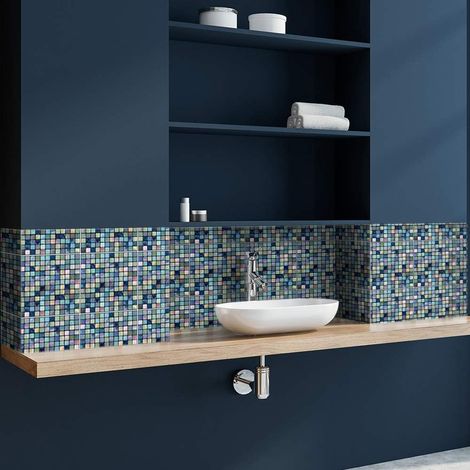 Autocollants à décoller et recoller façon carrelage mosaïque pour carrelage mural et de sol, crédence, décoration d’intérieur, cuisine, salle de bains, autocollants mosaïques, couleur bleu métallisé (1/5)