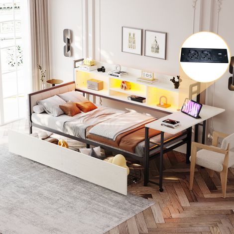 Bett 90x200 cm – Schlafsofa mit LED, Stauraum, Schubladen und Multifunktionssteckdose, klappbarem Schreibtisch – Weiß (1/5)