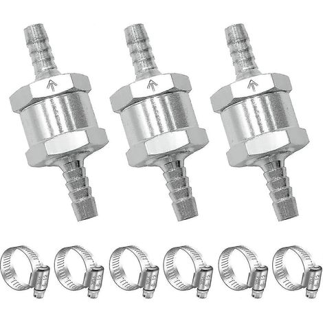 Satz von 3 5/16" (8 mm) Rückschlagventilen aus Aluminiumlegierung für Kraftstoffschläuche, mit Schlauchschellen, für Benzin, Heizöl und Wasser. (1/5)