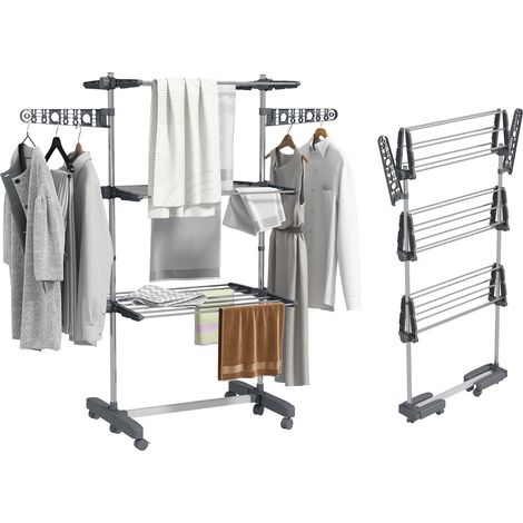 Tendedero plegable de 3 niveles, 142x55x152 cm, color gris, con rejilla lateral para secar la ropa, apto para uso interior/exterior, ahorra espacio, soporte robusto, secado rápido. (1/5)
