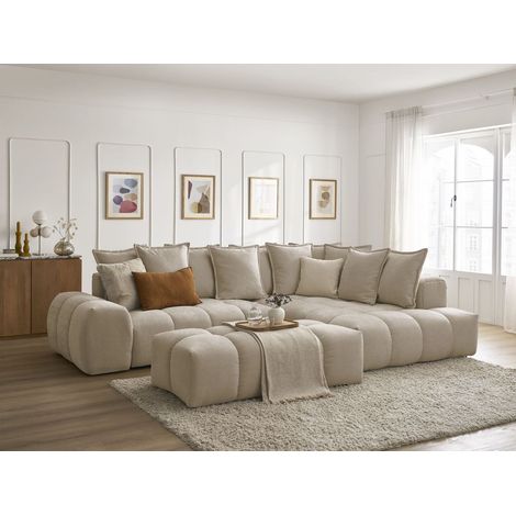 BOBOCHIC - Canapé d'angle L convertible coffre EVEREST tissu texturé avec pouf Angle droit  Taupe (1/5)