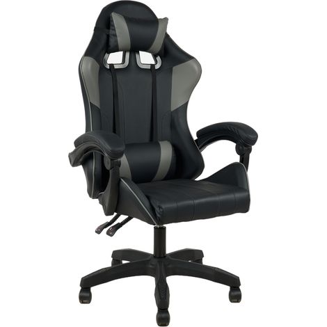 Sedia Gaming Professionale SimilPelle Reclinabile Con Braccioli Poltrona Ufficio Regolabile in Altezza Pistone Gas,Cuscino Poggiatesta E Lombare Gamer Grigio (1/5)